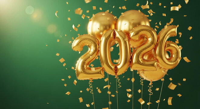 Golden number balloons spelling 2026 with confetti on a green background. It represents new year, celebration, or future aspiration