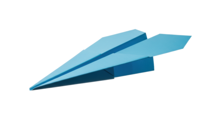 Photorealistic, meticulously folded, sky-blue paper airplane soaring mid-flight with subtle wing motion blur, isolated against a transparent studio background. Concept of journey and optimism
