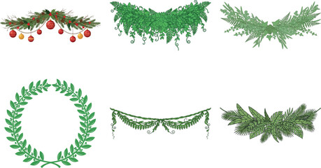 Collection of festive greenery garlands and wreaths isolated on transparent background, perfect for adding a touch of nature