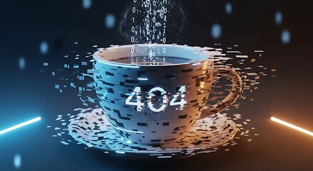 Digital error concept with 404 code displayed on a dissolving coffee cup with binary data stream. 404 error coffee