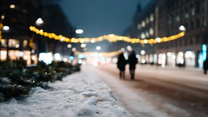 4K Snowy city street with 2026 garlands, people walking with gifts, lights reflections, warm colors, night photo, winter holiday lifestyle, Christmas market, festive joy