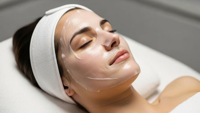 Young caucasian female relaxing with facial mask in spa setting