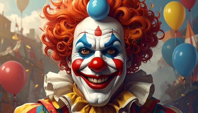 Close-up of a vibrant clown with a wide, painted smile and bright red hair at a festive outdoor event - Powered by Adobe