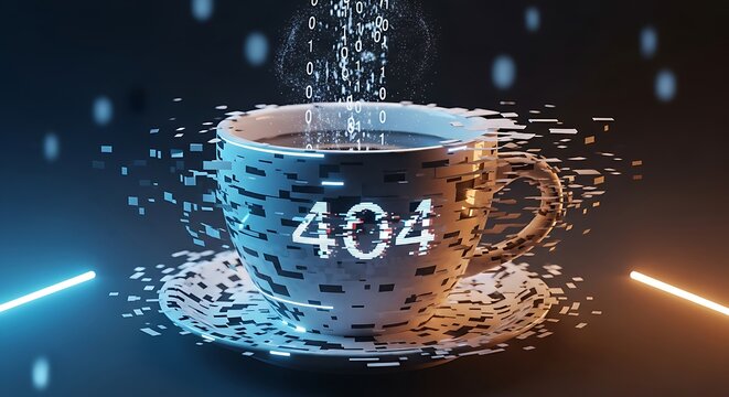 Digital error concept with 404 code displayed on a dissolving coffee cup with binary data stream. 404 error coffee - Powered by Adobe