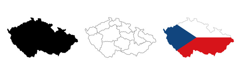 Obraz premium Czech map icon. Three variations showing silhouette, administrative divisions and flag fill vector illustration. National territory sign. Geographic borders symbol.