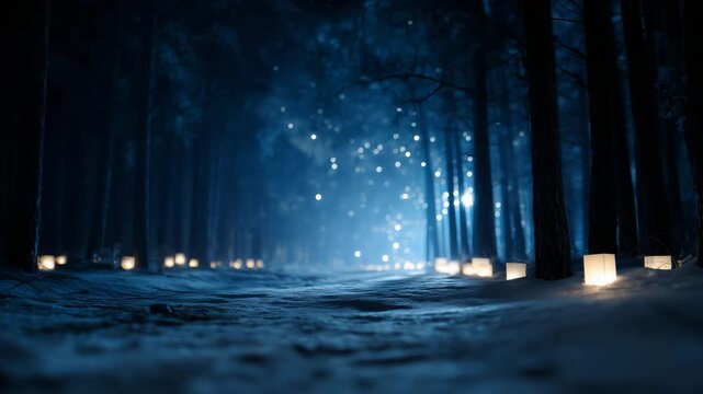 4K Winter forest night illuminated by lanterns forming 2026, snowflakes, calm atmosphere, surreal composition, fantasy scene, cinematic nature, peace and magic