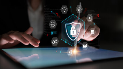 Cybersecurity protection secures network, prevents threats, and strengthens digital data security...