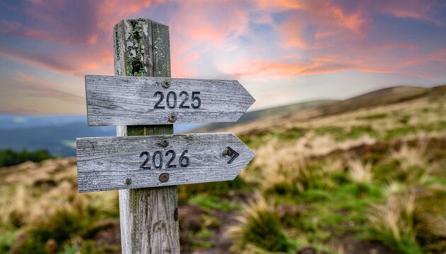 Future’s crossroads with wooden signpost guiding toward 2025 and 2026