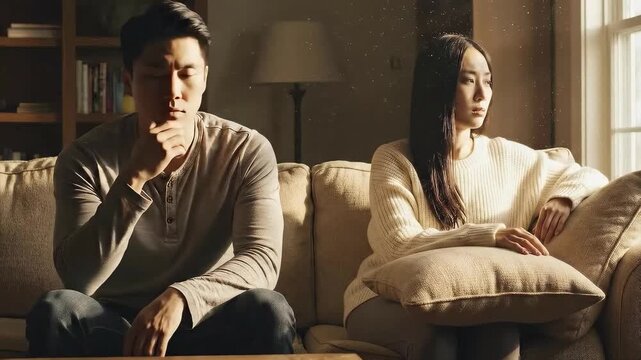 Soft window light illuminates thoughtful asian couple with emotional distance in living room. Emotional distance shows disagreement and conflict between man and woman sitting on couch.