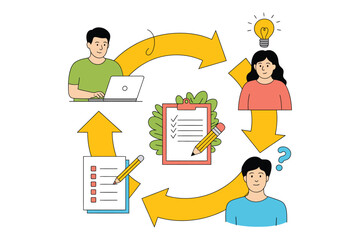 Illustrated workflow cycle with people laptop checklist and lightbulb idea