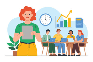 Woman presenting to team with laptops and charts in a business setting room