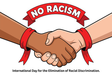 Illustration of a handshake between two hands of different skin tones with a banner