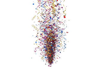 highly detailed metallic confetti and ruby, sapphire streamers chaotically cascading on a brilliant white background with copy space, high-key lighting, festive explosion concept