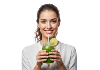 Smiling woman holding a refreshing green detox drink isolated on transparent background