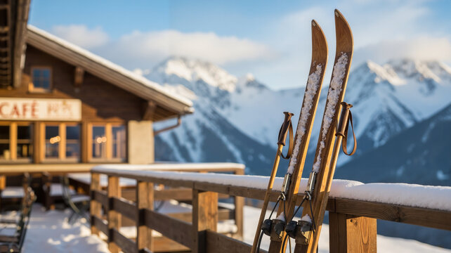 Skis resting on wooden railing with snowy mountains in background  