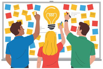 Three people brainstorming ideas on a whiteboard with sticky notes and a lightbulb