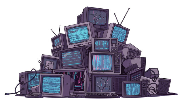 Retro tech graveyard with vintage TV sets, old computers, and obsolete electronics reminding us of technology's rapid evolution