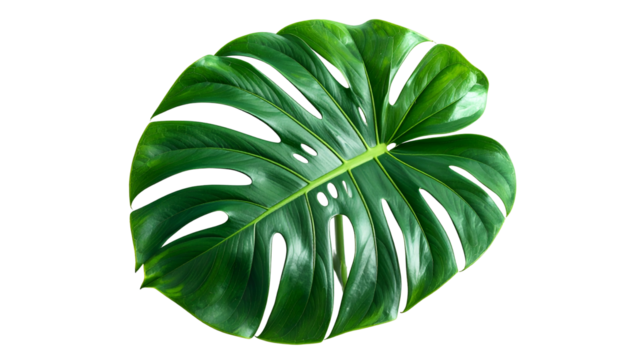 A vibrant, glossy, dark-green tropical leaf with fenestrations, isolated on black