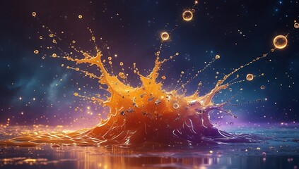 Vibrant orange liquid splash frozen in time with glowing droplets against a dark background