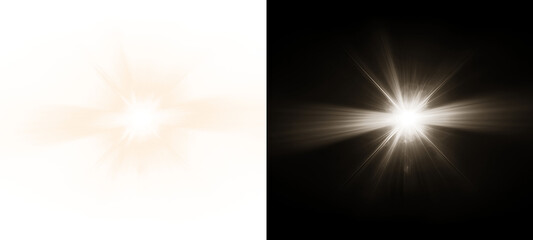 A captivating split screen showcasing a radiant light effect against both a pristine white and a stark black background isolated on transparent background