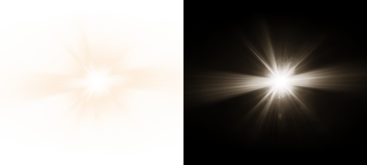 A captivating split screen showcasing a radiant light effect against both a pristine white and a stark black background isolated on transparent background