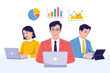 Team working on data analysis with laptops and charts in a business setting