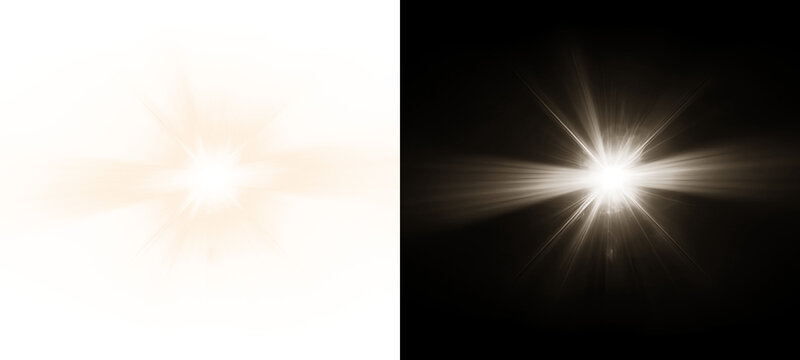 A captivating split screen showcasing a radiant light effect against both a pristine white and a stark black background isolated on transparent background