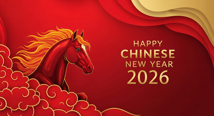 Illustration of a red horse on clouds with golden wavy shapes, symbolizing Chinese New Year 2026, celebration, and festive occasion with vibrant design