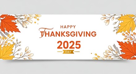 Elegant Thanksgiving celebration banner for 2025, adorned with colorful autumn maple leaves and botanical branches on a clean white background