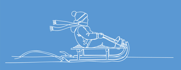 White line art of person sledding on blue background — ideal for winter sports, design and icon content.