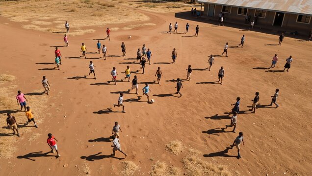 Group of African children playing soccer on a dirt school field. Students running and kicking a football in a rural schoolyard. Aerial view of active kids enjoying a sport game outdoors