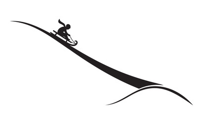 Black silhouette of person sledding down hill on white background — ideal for winter sports, fun and design content.