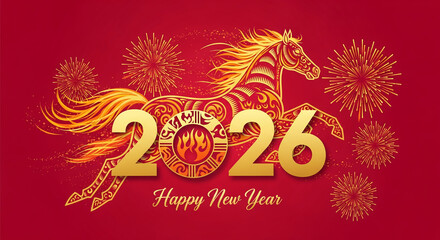 Fototapeta premium Gold ornamental horse and 2026 numbers with fireworks on a red backdrop, symbolizing a Chinese New Year celebration and festive occasion