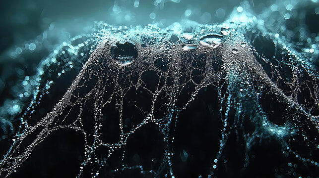 Complex image of a spider web covered in morning dew, highlighting natural engineering and survival