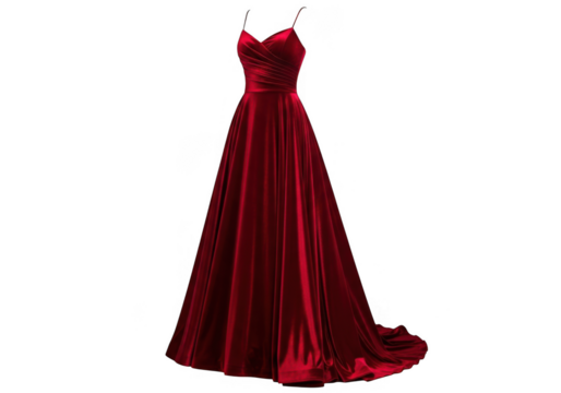 Elegant long flowing deep red satin evening gown isolated on transparent background