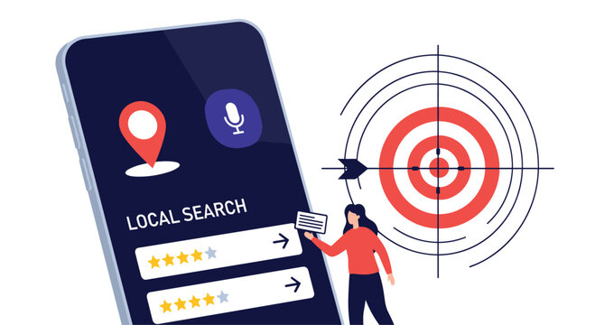 Woman using a local search app on her mobile phone to find businesses with good ratings and to target a specific location.