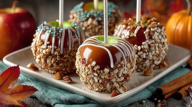 Top view of caramel apples with nut coating on white plate, autumn harvest dessert