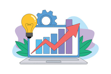 Laptop displaying a bar graph with an upward arrow next to a light bulb and gear