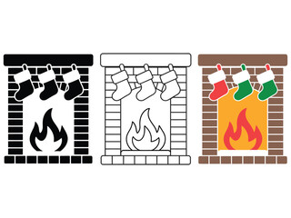 Three distinct styles of Christmas stockings hanging above a fireplace.