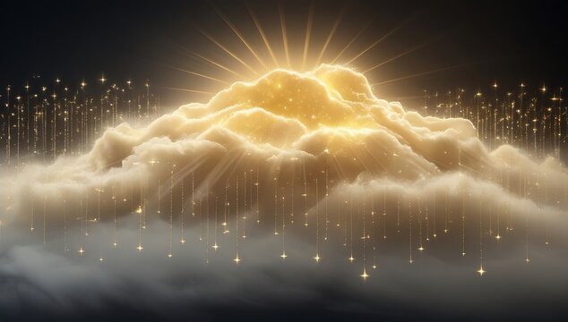 Mystical glowing cloud formation with ethereal light rays and sparkling particles - Powered by Adobe