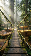 Obraz premium Enchanted Forest Bridge Lined with Giant Mushrooms and Sunbeams Keywords: fantasy, forest