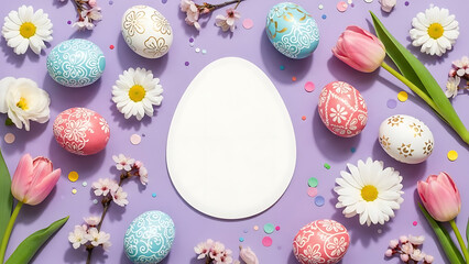 Vibrant Easter flat lay with decorated eggs, spring flowers, and a white egg copy space on lavender. Ideal for holiday greetings and custom designs