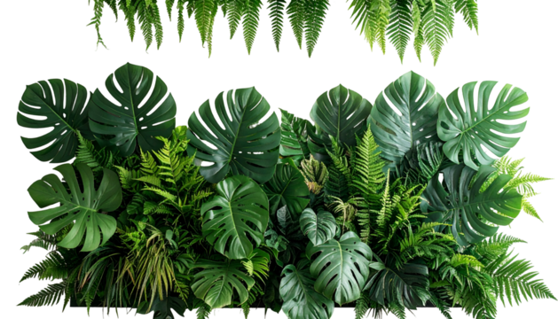 Lush, verdant arrangement of large tropical leaves and ferns against a black backdrop