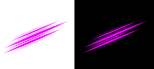 A vibrant magenta light streak effect isolated on transparent background and black background, creating a dynamic visual contrast