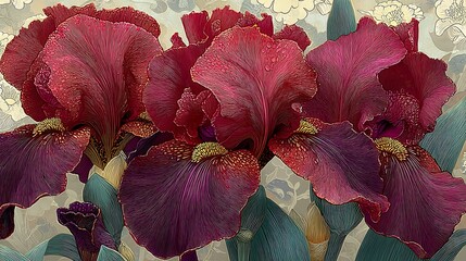 Artistic botanical design featuring blue irises and leaves high resolution image