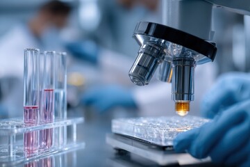 Scientists conduct experiments using microscopes and test tubes in a modern laboratory setting focused on advanced research and analysis in the life sciences