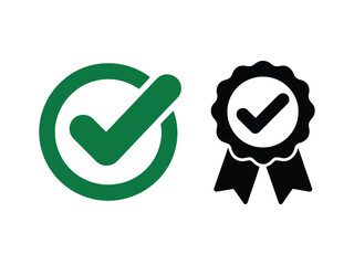 Checkmark and ribbon icons represent approval and success