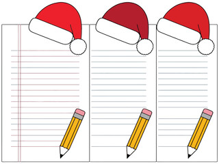 Three Santa hats top lined pages with pencils for holiday writing.