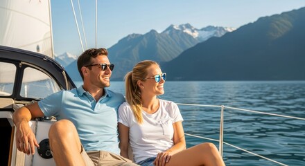 Joyful Couple in Sunglasses Sailing on Serene Lake, Majestic Snow-Capped Mountains Backdrop