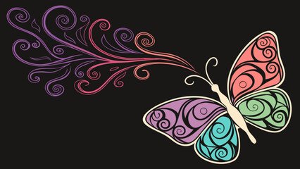 A whimsically designed butterfly with intricate swirls and vibrant colors, set against a dark backdrop, creating a visually striking contrast